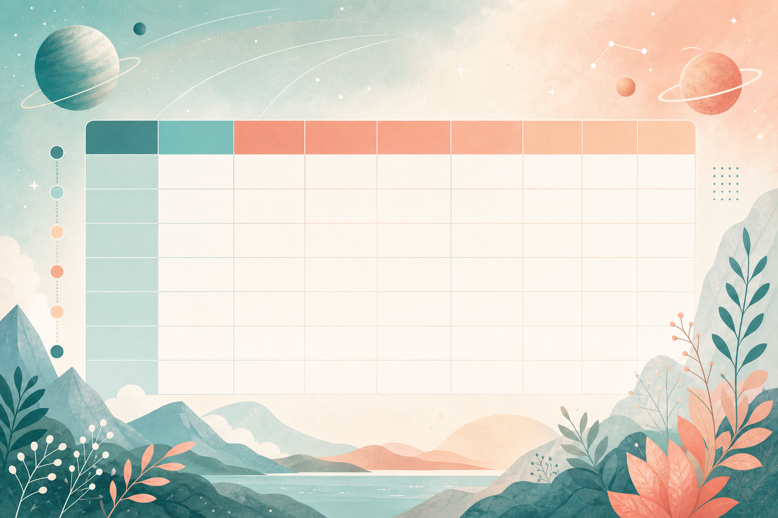Abstract space-meets-nature illustration for Requirements traceability matrix template