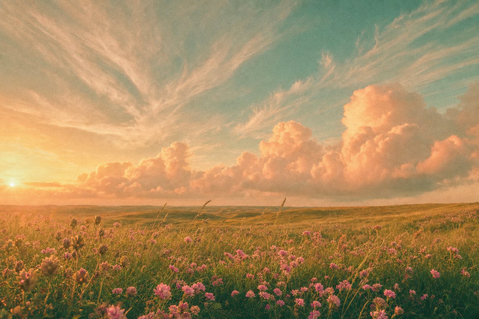 Feathery cirrus clouds above a sunlit meadow of wildflowers