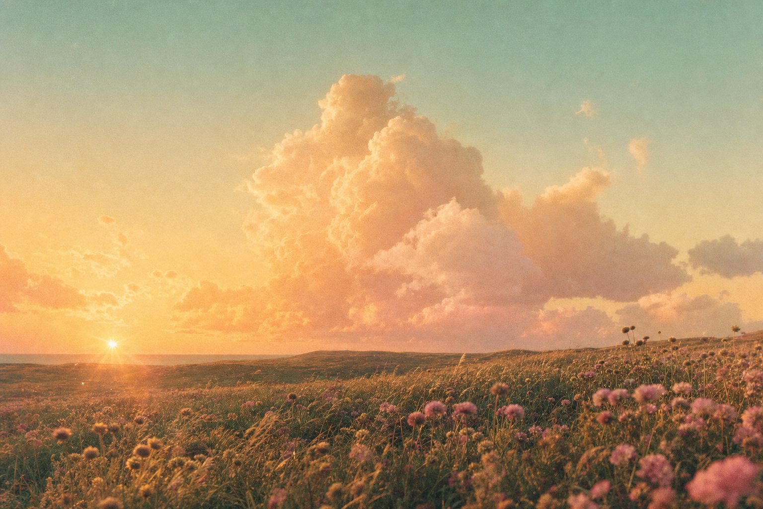 A towering cumulus cloud glowing pink over a meadow at sunset
