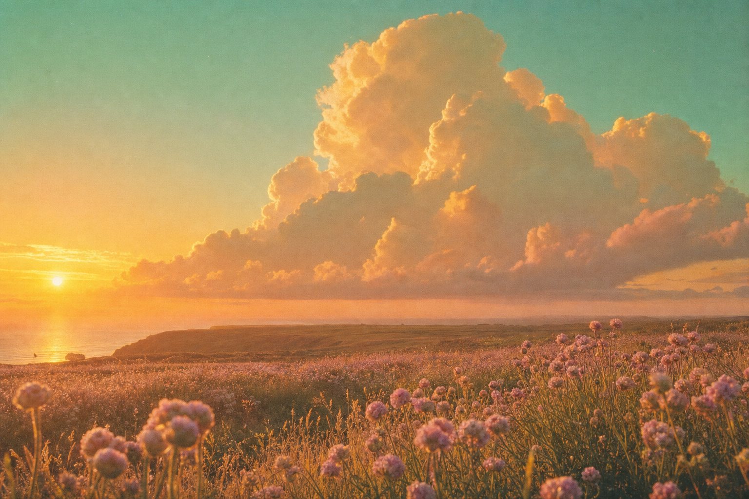 A large cloud lit gold from behind above a wildflower meadow