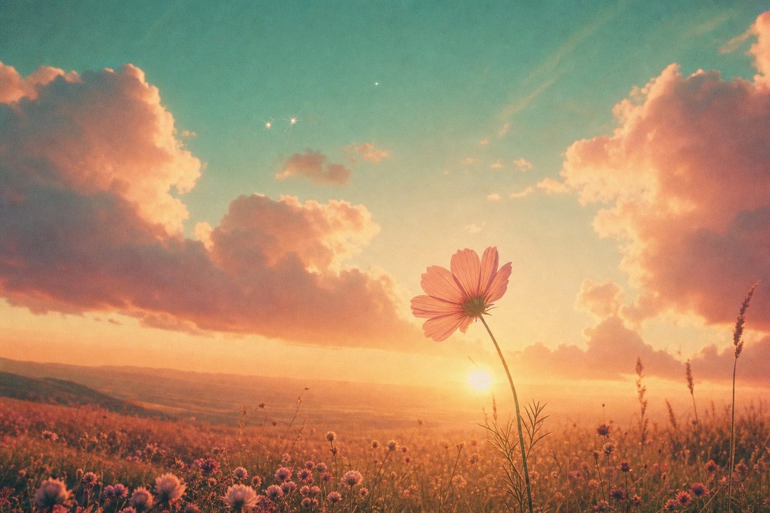 A single pink cosmos flower backlit by a low sun in a meadow