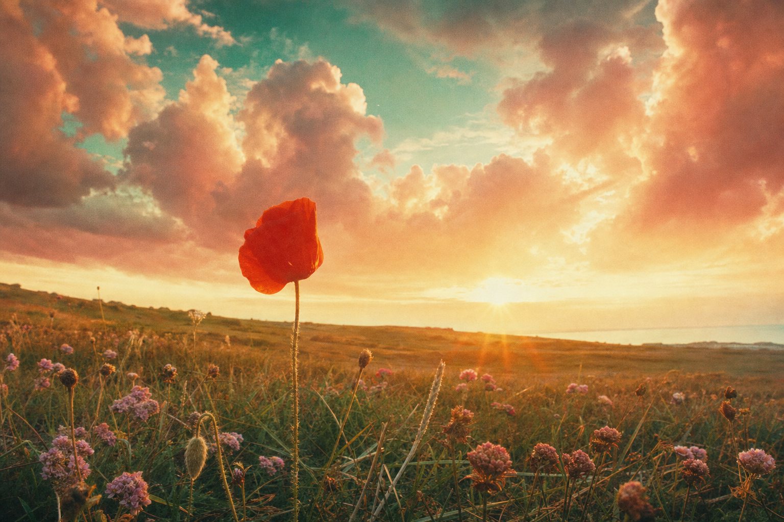 A single red poppy standing in a meadow under a sunset sky