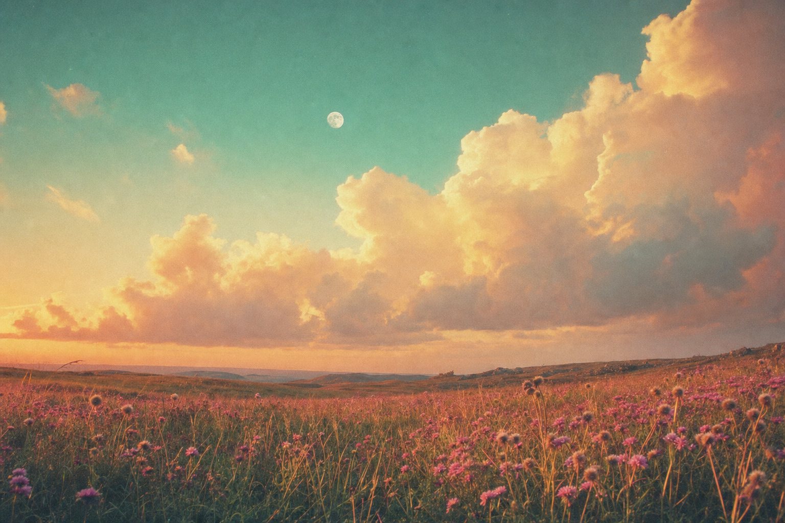 A small daytime moon above pink clouds and a wildflower meadow
