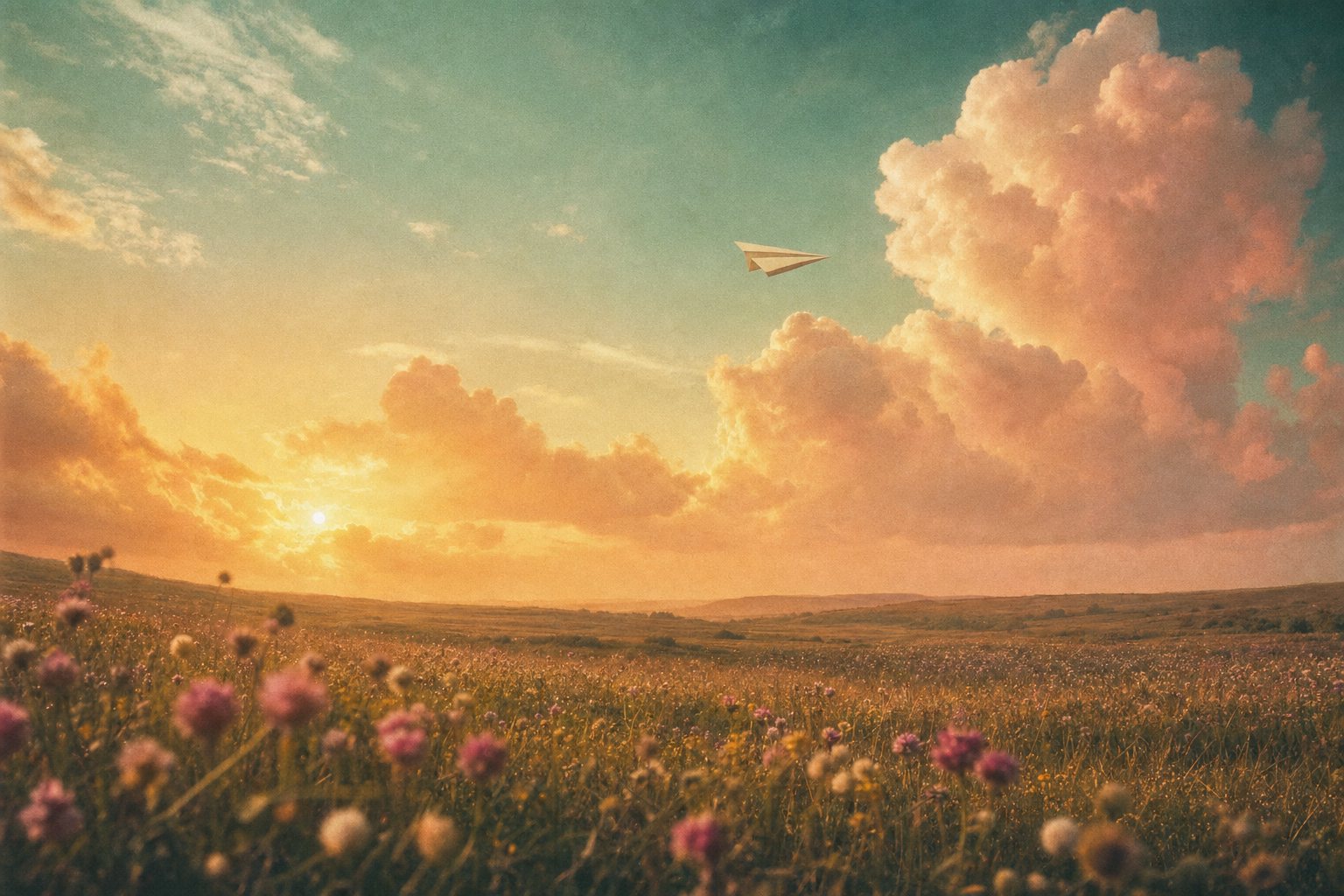 A paper airplane gliding over a meadow at sunset
