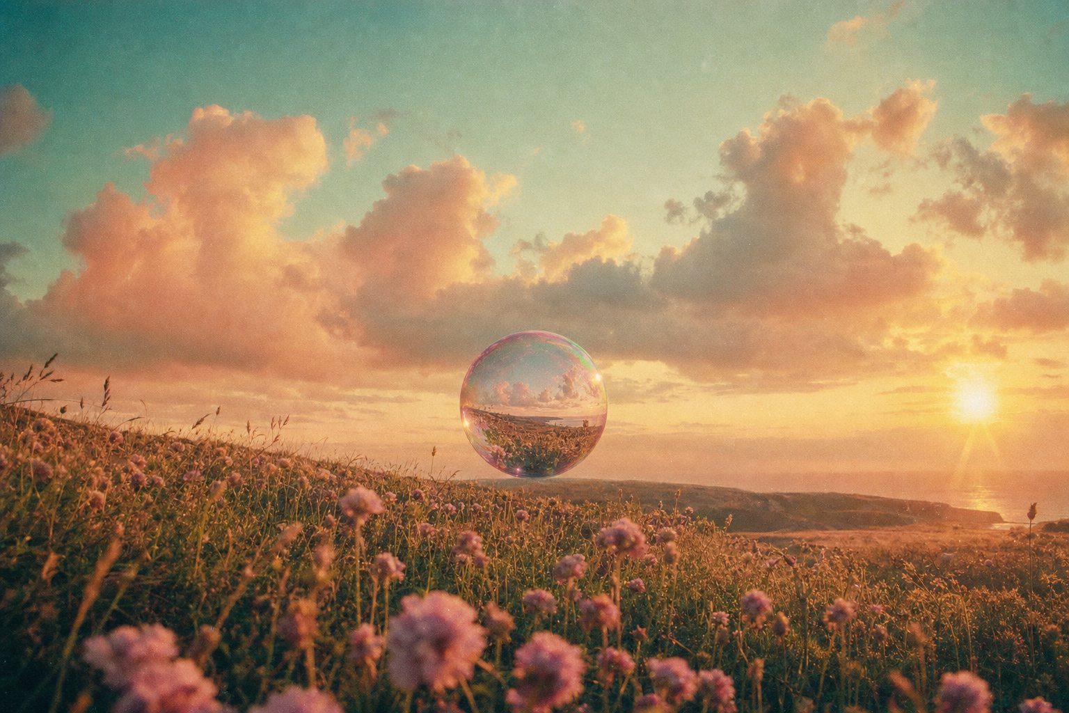 A soap bubble floating above a meadow, reflecting the evening sky