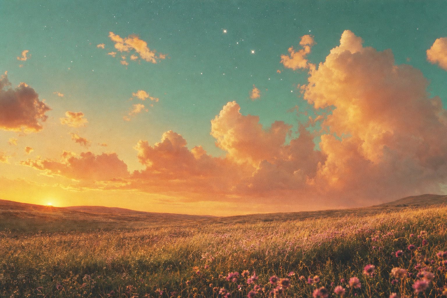The first stars appearing above a meadow as the sun sets