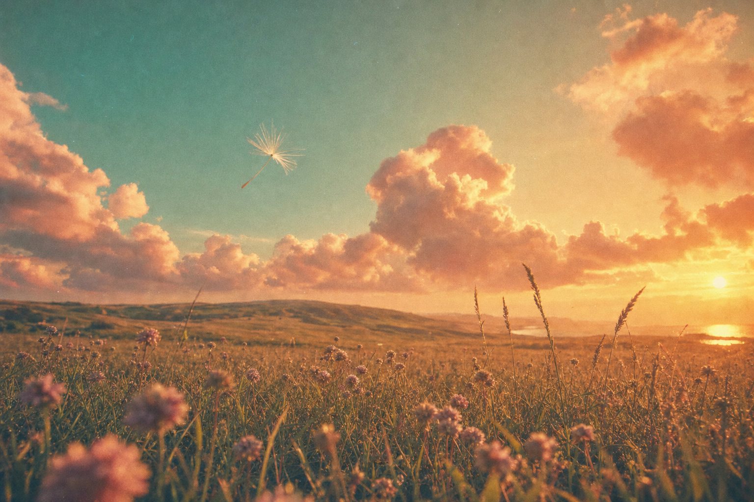 A single dandelion seed drifting over a meadow at sunset
