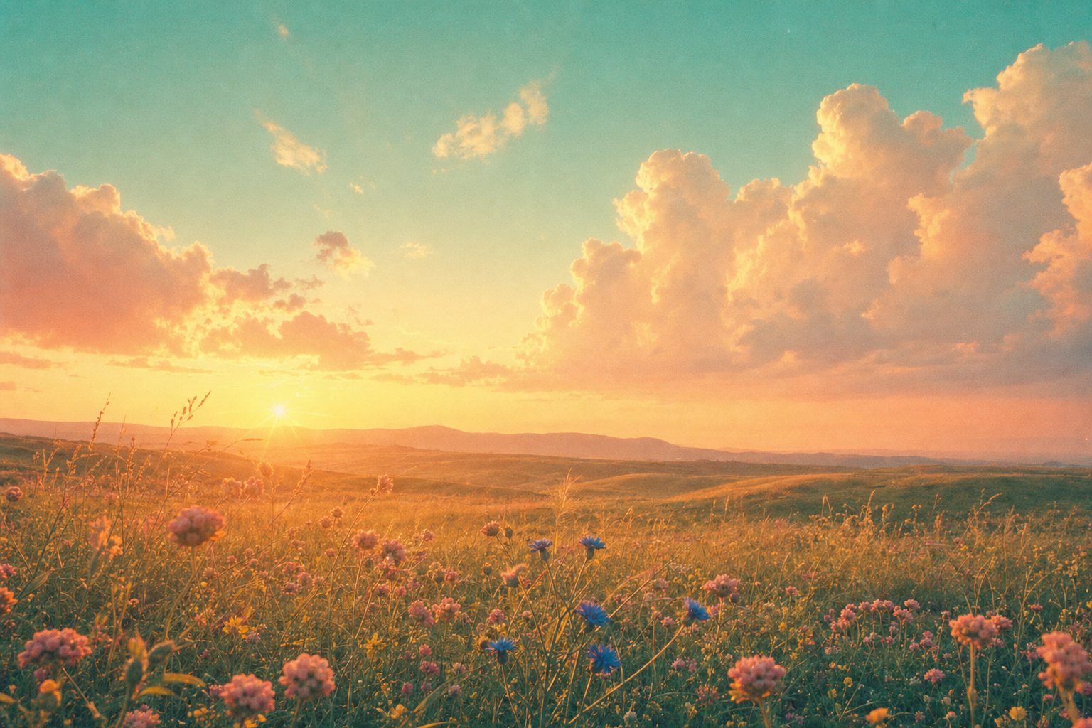 Blue cornflowers among pink wildflowers in a sunlit meadow